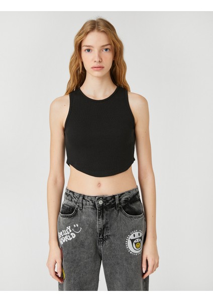 Crop Atlet Bisiklet Yaka Fitilli Asimetrik Kesim