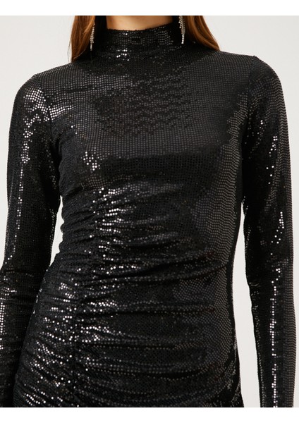 Drapeli Payetli Parti Elbisesi Yırtmaçlı Uzun Kollu indirimleri