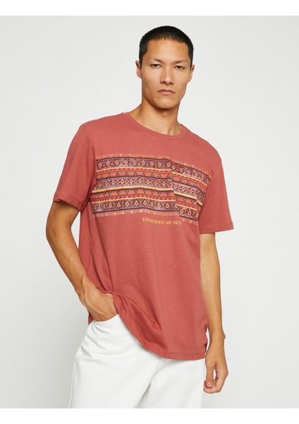 Basic Tişört Bisiklet Yaka Etnik Baskılı Kısa Kollu