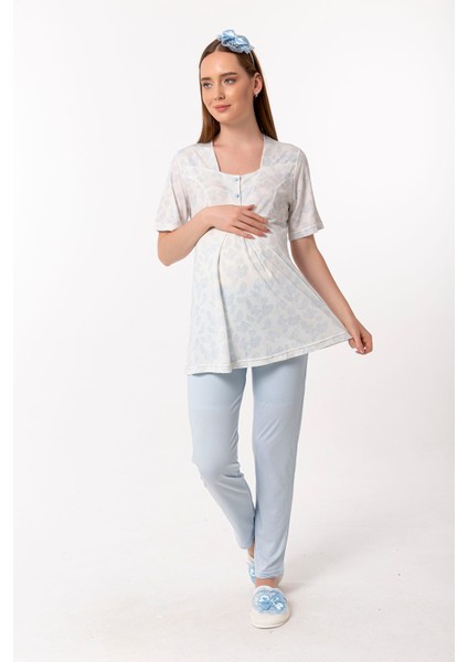 Mavi Desenli Hamile Lohusa Pijama Takımı