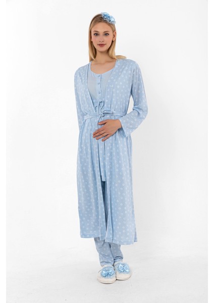 Mavi Sabahlıklı Hamile Lohusa Pijama Takımı