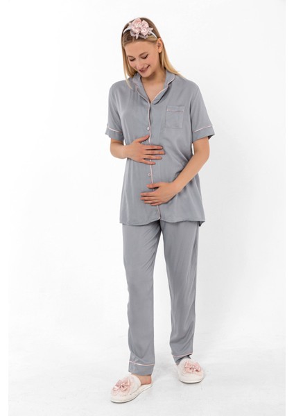 Gri Önden Düğmeli Hamile Lohusa Pijama Takımı
