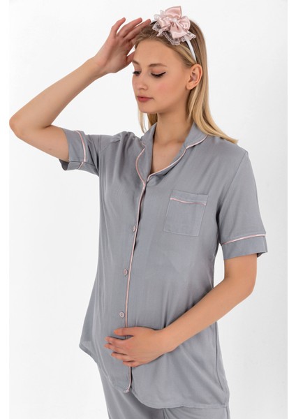 Gri Önden Düğmeli Hamile Lohusa Pijama Takımı fiyatları