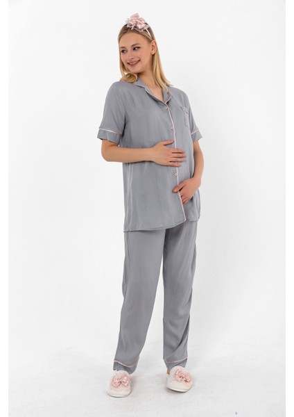 Gri Önden Düğmeli Hamile Lohusa Pijama Takımı fırsatları