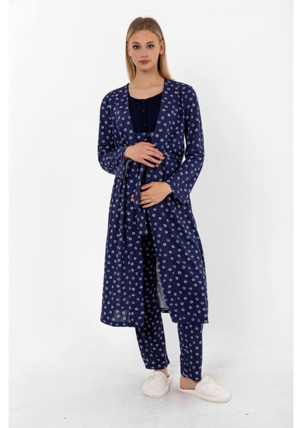 Lacivert Sabahlıklı Hamile Lohusa Pijama Takımı
