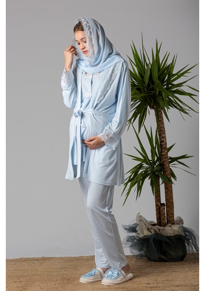 Mavi Sabahlıklı Hamile Lohusa Pijama Takımı