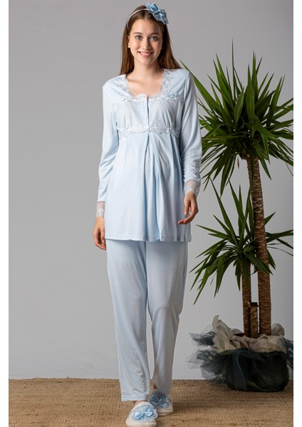 Mavi Sabahlıklı Hamile Lohusa Pijama Takımı fırsatları