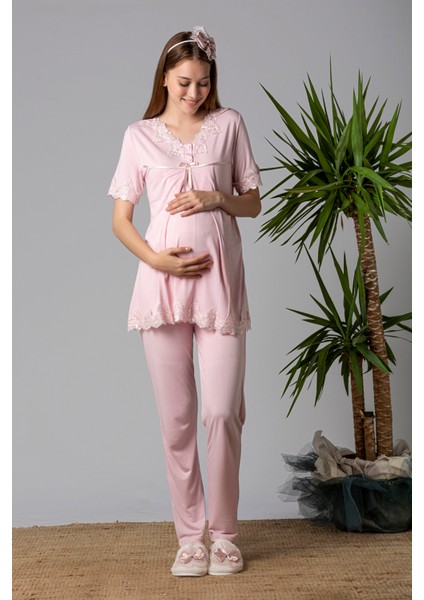 Pembe Dantelli Hamile Lohusa Pijama Takımı