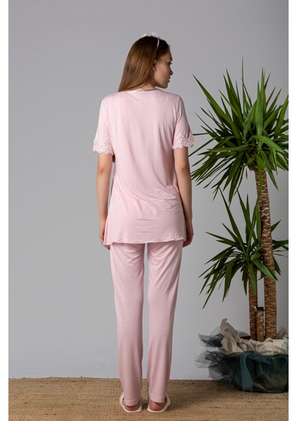 Pembe Dantelli Hamile Lohusa Pijama Takımı