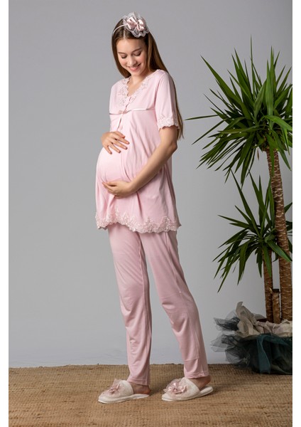 Pembe Dantelli Hamile Lohusa Pijama Takımı