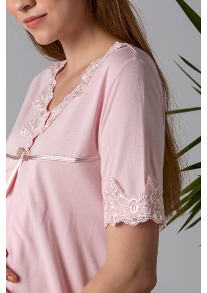 Pembe Dantelli Hamile Lohusa Pijama Takımı