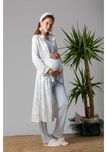 Mavi Sabahlıklı Hamile Lohusa Pijama Takımı