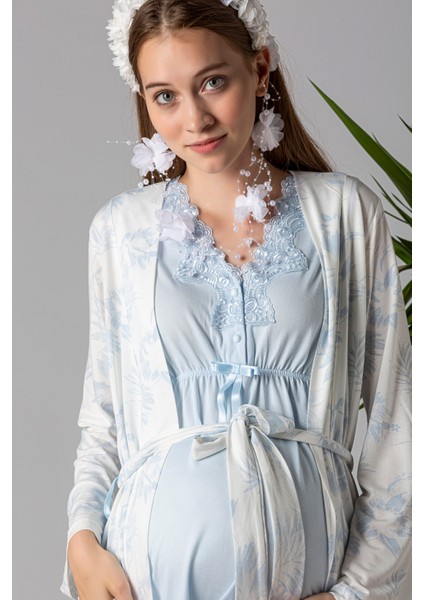 Mavi Sabahlıklı Hamile Lohusa Pijama Takımı