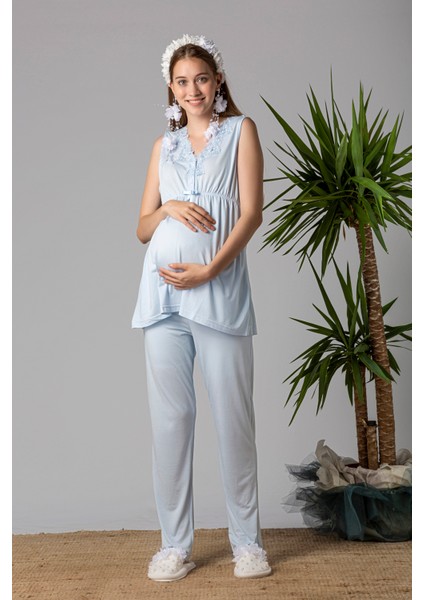 Mavi Sabahlıklı Hamile Lohusa Pijama Takımı