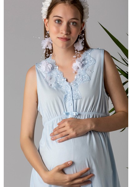 Mavi Sabahlıklı Hamile Lohusa Pijama Takımı