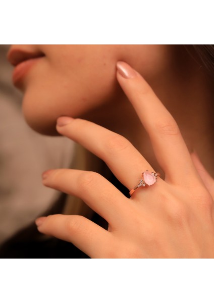 925 Ayar Gümüş Gül Kuvars Damla Taşlı Yüzük