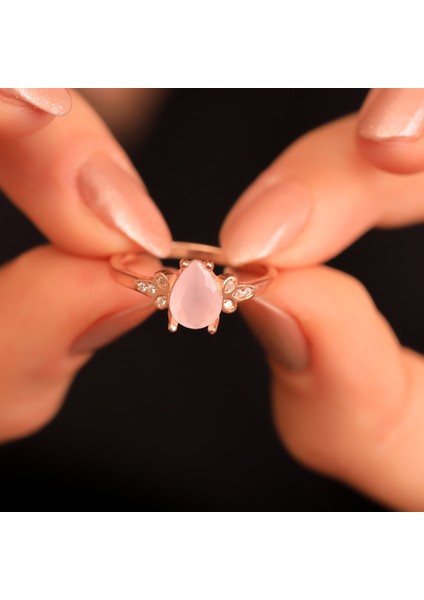 925 Ayar Gümüş Gül Kuvars Damla Taşlı Yüzük modelleri