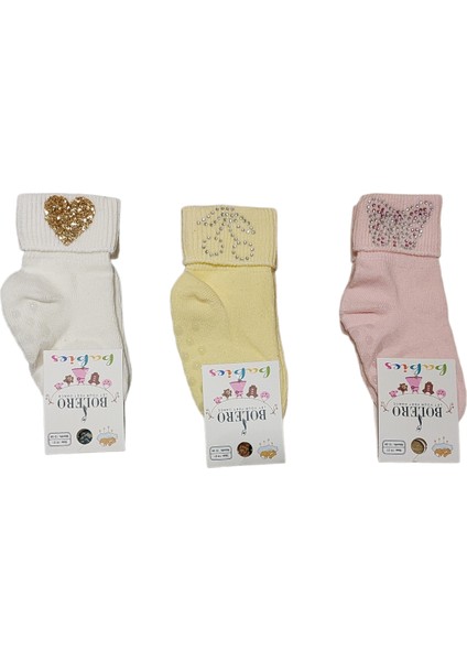3 Çift Bir Arada %80 Pamuklu Taş Süslemeli Rahat Unisex Bebek Çorabı