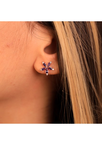 927 Ayar Gümüş Ametis Taşlı Nergis Çiçeği Küpe