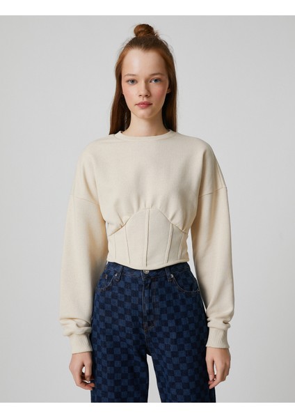 Crop Sweatshirt Beli Korsajlı Uzun Kollu Bisiklet Yaka