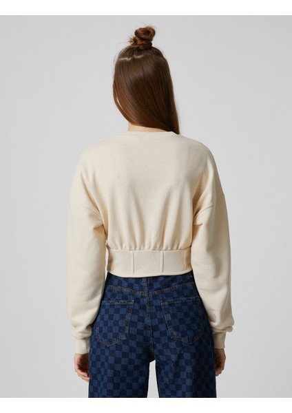 Crop Sweatshirt Beli Korsajlı Uzun Kollu Bisiklet Yaka