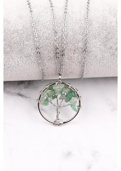 Aventurin Doğal Taş Tel Sarmalı Hayat Ağacı Kolye