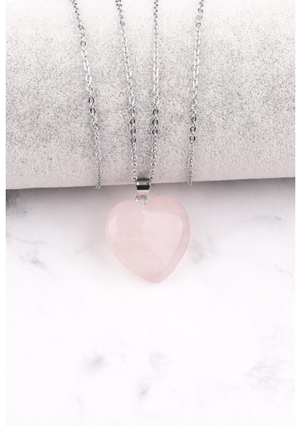 Pembe Kuvars Doğal Taş Kalp Kolye