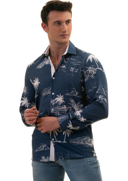 Indigo Mavi Hawaii Desen Baskılı Nefes Alan Slim Fit Gömlek