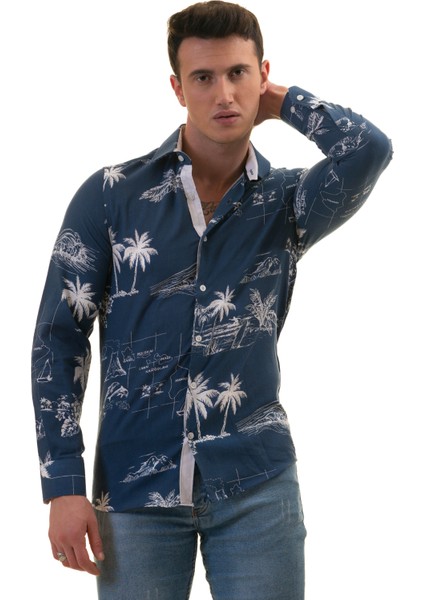 Indigo Mavi Hawaii Desen Baskılı Nefes Alan Slim Fit Gömlek