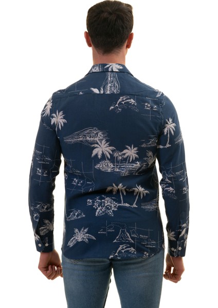 Indigo Mavi Hawaii Desen Baskılı Nefes Alan Slim Fit Gömlek