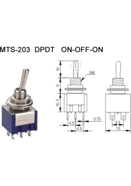 Roba MTS-203 Mini Toggle Çift Anahtar 3A 250V On / Off / On 6 Pin 3 Pozisyon