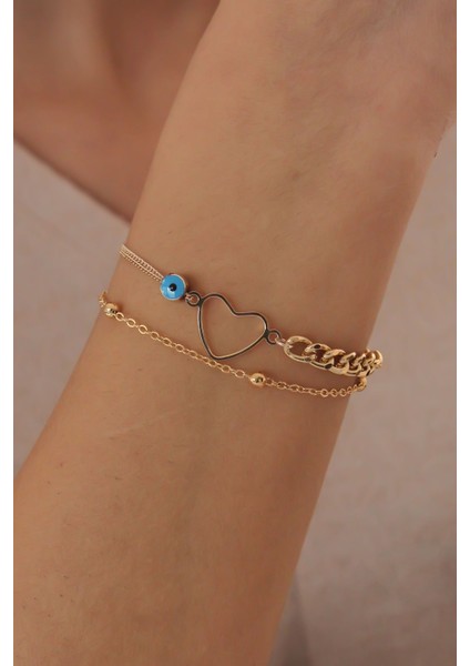 Gold Renk Zincir Model Kalp Figür Nazar Boncuk Detay Kadın Bileklik