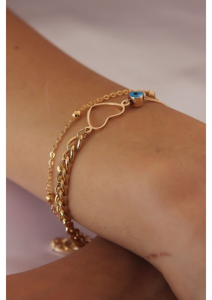Gold Renk Zincir Model Kalp Figür Nazar Boncuk Detay Kadın Bileklik fiyatları