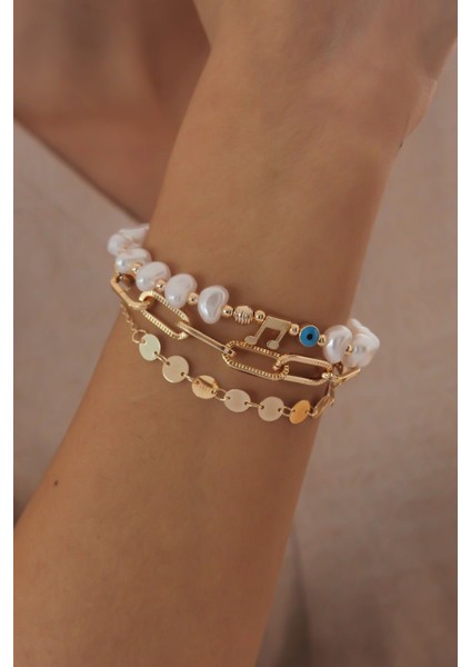 Gold Renk Inci Boncuk Nota Figür 2'li Kadın Bileklik