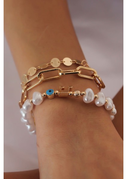 Gold Renk Inci Boncuk Nota Figür 2'li Kadın Bileklik fiyatları