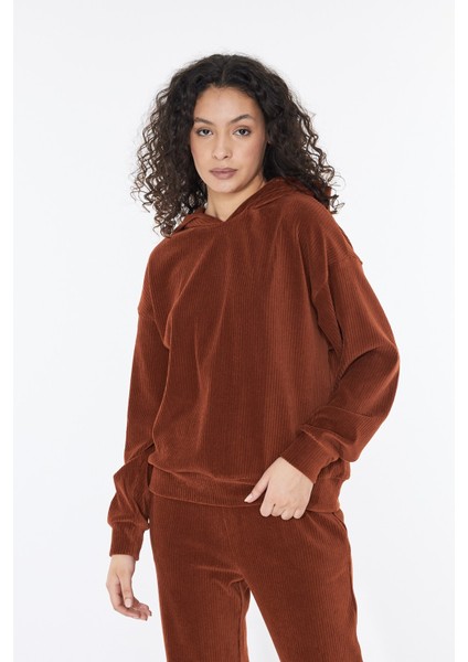 Fitilli Kadife Kiremit Kapüşonlu Sweatshirt - Catherine | 160591-3