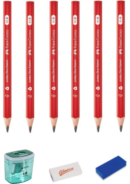 Faber-Castell Jumbo 2.5b Okul Kalemi 6'lı-Adel Auto Lock Kalemtraş Şeffaf-Silgi Seti