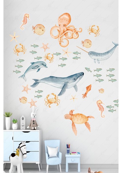 Deniz Hayvanları Eğitici ve Eğlenceli Cam Duvar Dolap Sticker Seti 47 Parça