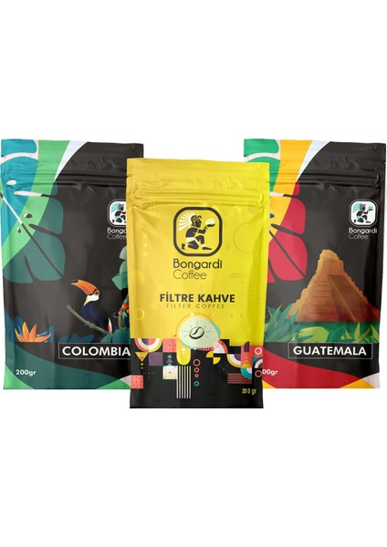 Bongardi Coffee Yöresel Set 3X200 gr Colombia Guatemala Intense Filtre Kahve Makinesi Uyumlu