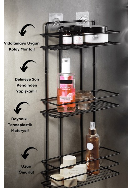 SAS Ömür Boyu Paslanmaz Yapışkanlı Düz Banyo Düzenleyici Şampuanlık Duş Rafı Siyah TŞ-03