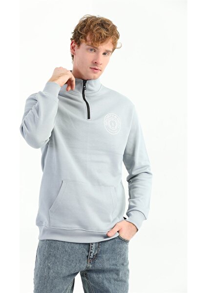 Erkek Baskılı Fermuarlı Gri Sweatshirt MC5715