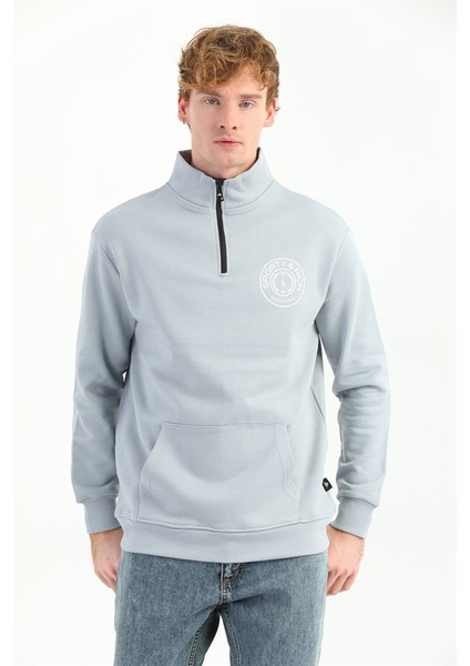 Erkek Baskılı Fermuarlı Gri Sweatshirt MC5715