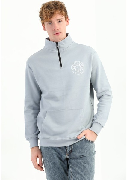 Erkek Baskılı Fermuarlı Gri Sweatshirt MC5715