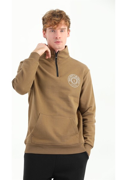 Erkek Baskılı Fermuarlı Kahverengi Sweatshirt MC5715