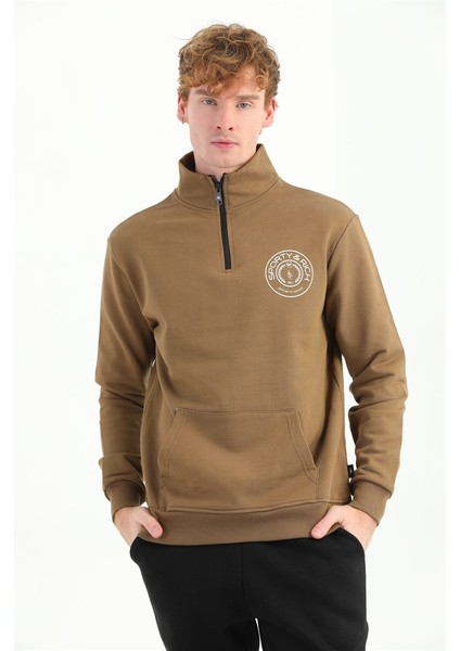 Erkek Baskılı Fermuarlı Kahverengi Sweatshirt MC5715