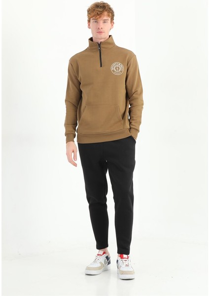 Erkek Baskılı Fermuarlı Kahverengi Sweatshirt MC5715