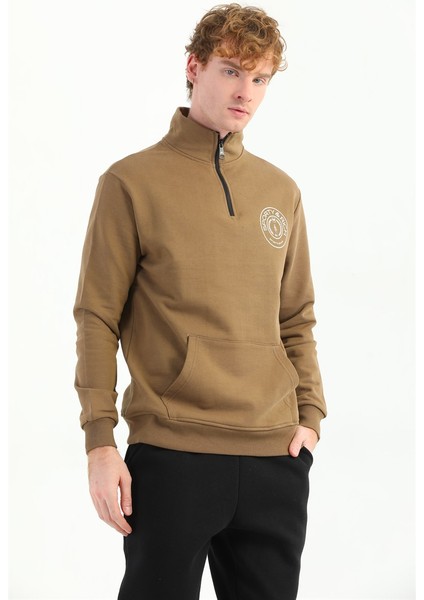 Erkek Baskılı Fermuarlı Kahverengi Sweatshirt MC5715