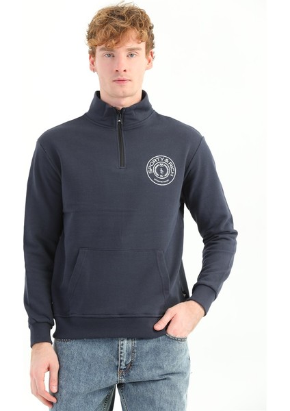 Erkek Baskılı Fermuarlı Lacivert Sweatshirt MC5715