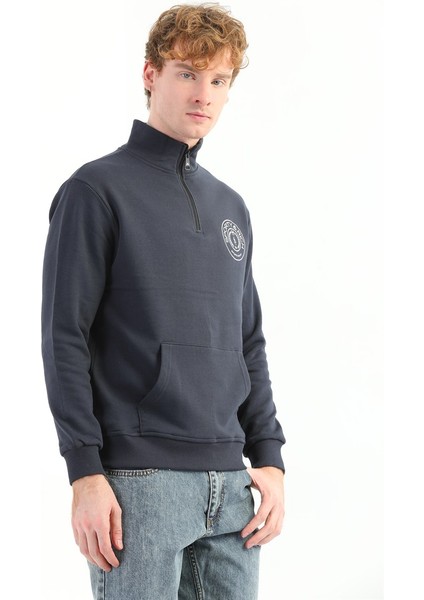 Erkek Baskılı Fermuarlı Lacivert Sweatshirt MC5715