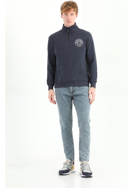 Erkek Baskılı Fermuarlı Lacivert Sweatshirt MC5715